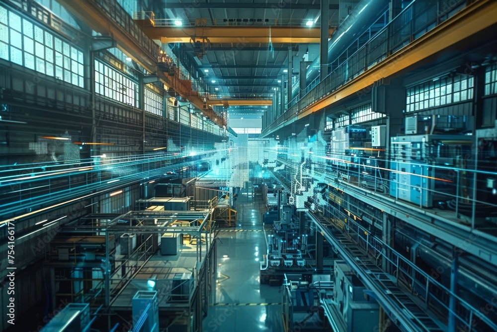 High-tech industrial factory with futuristic digital overlay High-tech industrial factory with futuristic digital overlay