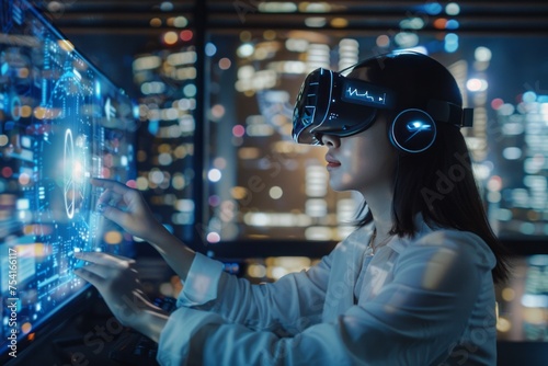 A woman using virtual reality equipment interacting with a futuristic interface