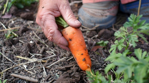 Hand Harvesting Fresh Carrot from Garden Soil