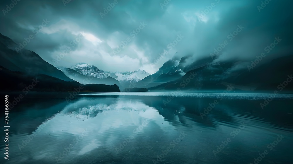 Mystical Mountain Lake under Moody Blue Skies