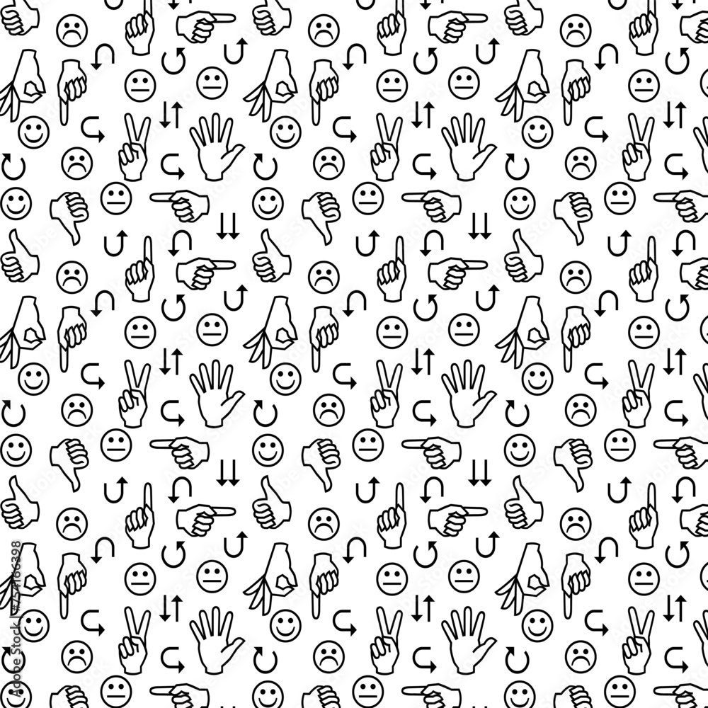 Abstract pattern. Smileys, hands, arrows. Seamless pattern, black outline on a white background. Vector illustration Flyer background design, advertising background, fabric, clothing, texture, textile