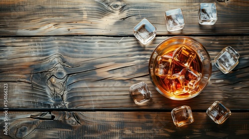 Whiskey with ice on a wooden table, top view.