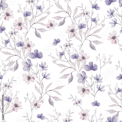 Watercolor pattern with the purple, pink flowers and wild herbs.