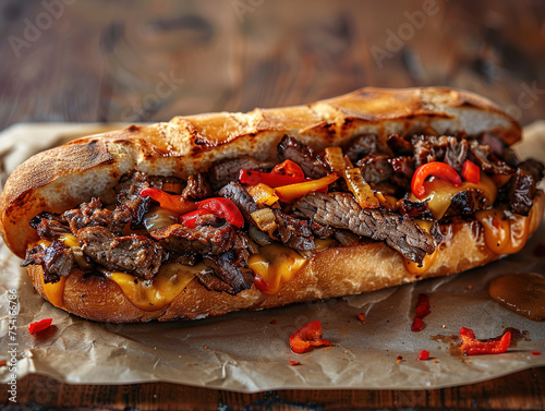 Delicious Philly cheesesteak photography, explosion flavors, studio lighting, studio background, well-lit, vibrant colors, sharp-focus. Homemade Philly Cheesesteak Sandwich with Onions and Peppers