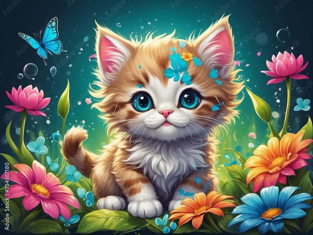 STICKER, A detailed a print of vivid cute kitten head, fantasy flowers splash