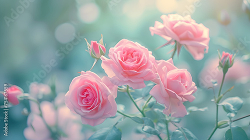 Soft Pastel Pink Roses in Dreamy Light Bokeh Background