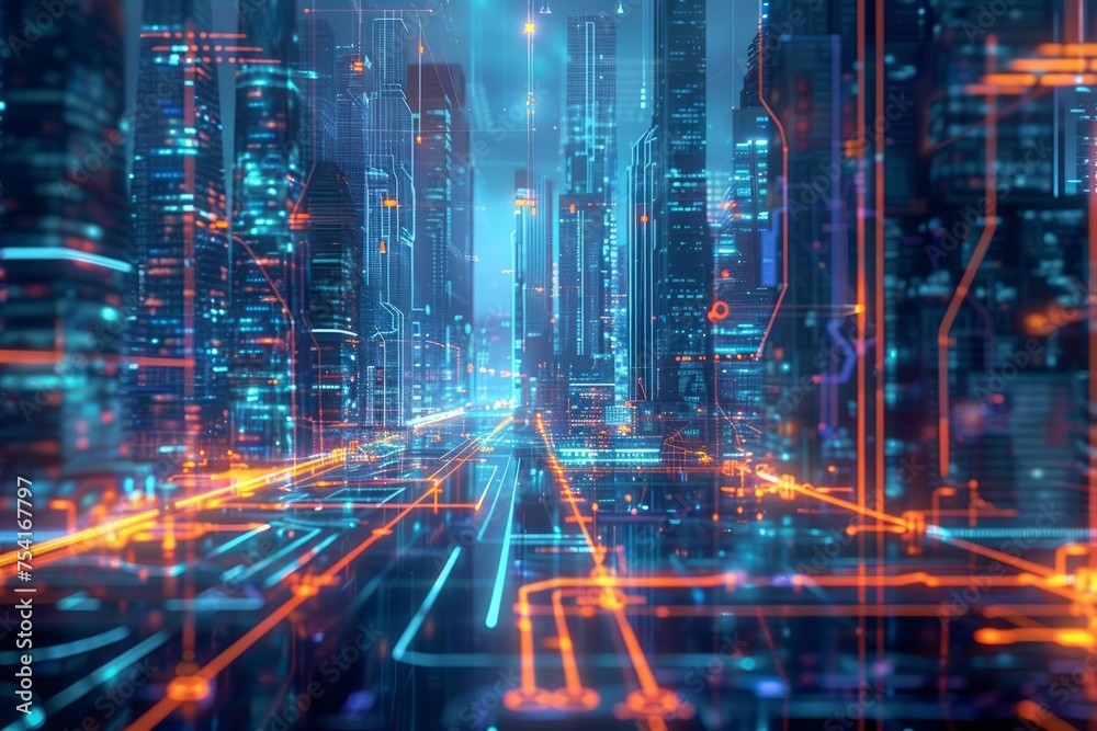 Futuristic digital cityscape with neon circuit lines