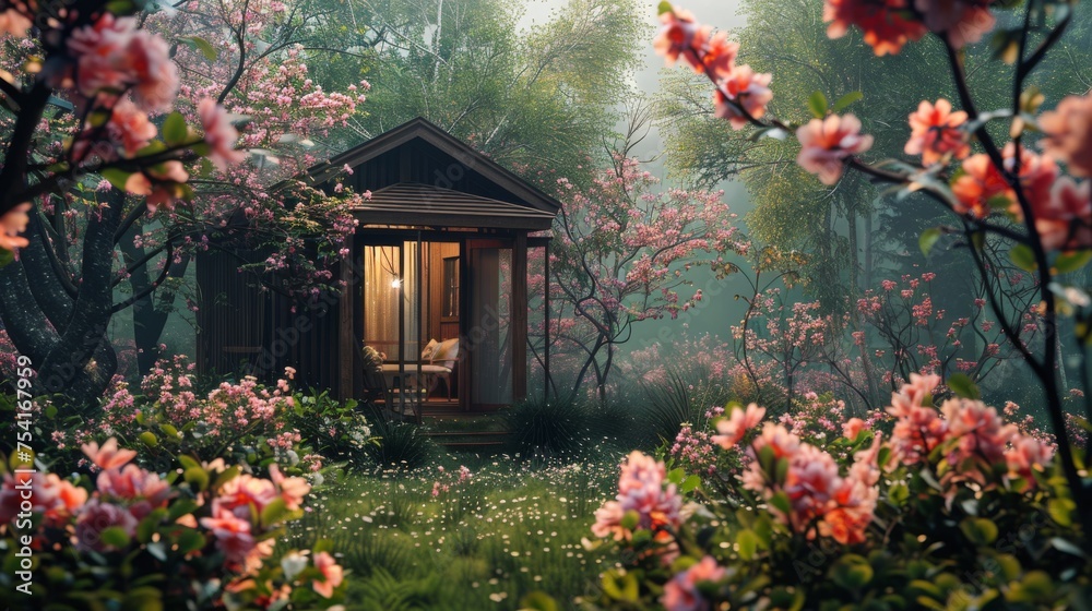 A secluded cabin enveloped in a misty garden full of blooming flowers, offering a mystical and peaceful retreat in nature. A secluded cabin enveloped in a misty garden full of blooming flowers, offering a mystical and peaceful retreat in nature.