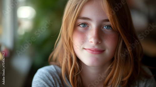 Natural Portrait of a Smiling Teenage Girl with Freckles