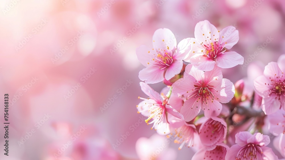 Soft spring light filters through delicate cherry blossoms, highlighting their gentle pink petals and creating an atmosphere of serene beauty.