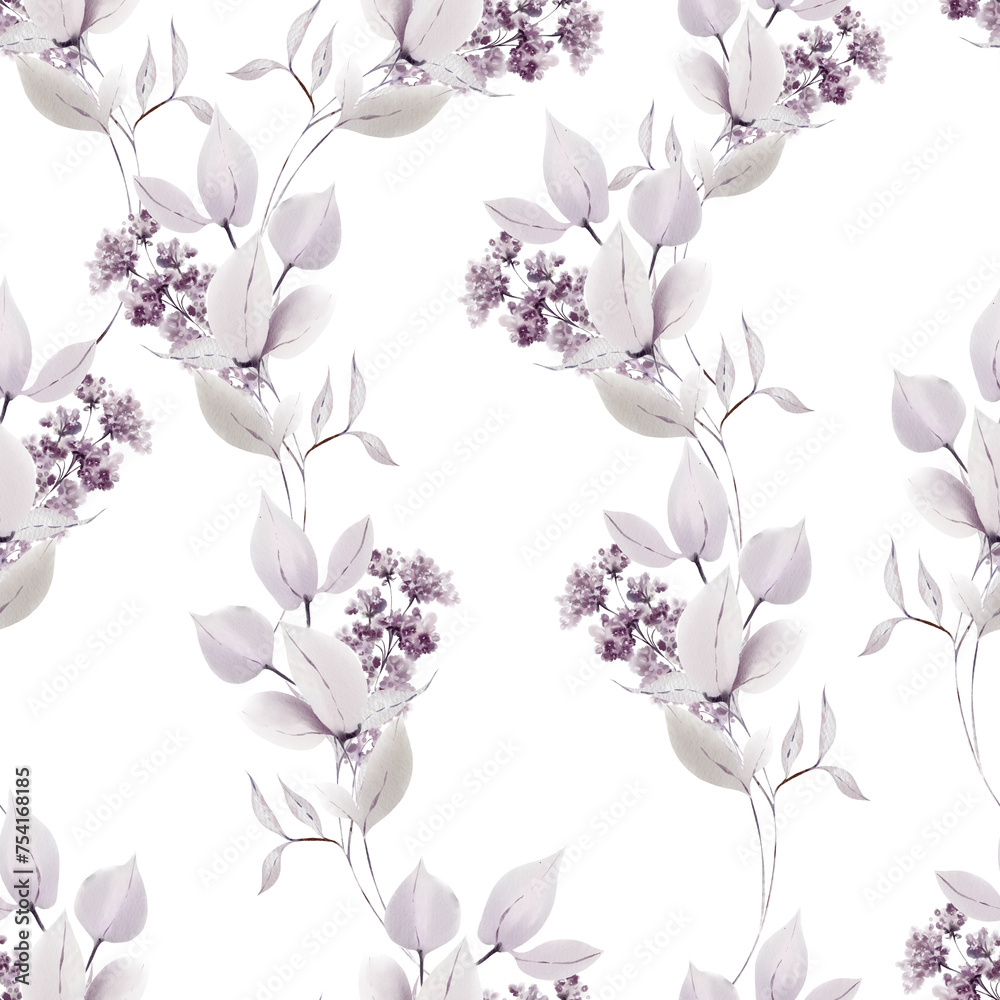 Watercolor pattern with the different purple flowers and wild herbs. Watercolor pattern with the different purple flowers and wild herbs.