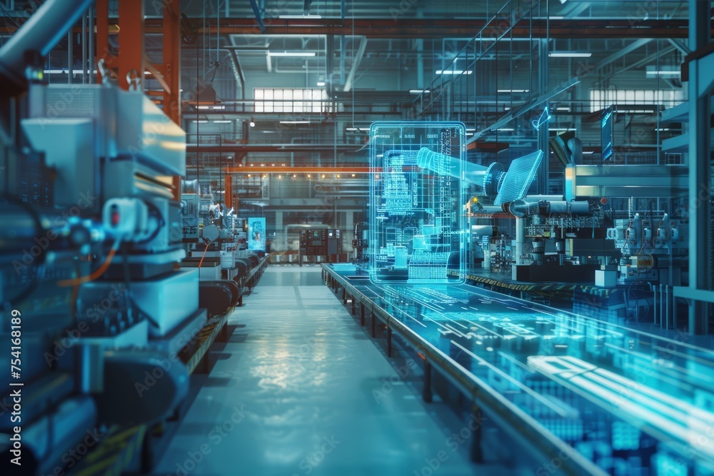 Modern manufacturing plant with holographic machine overlays Modern manufacturing plant with holographic machine overlays