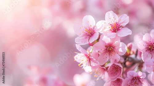 Soft spring light filters through delicate cherry blossoms, highlighting their gentle pink petals and creating an atmosphere of serene beauty.