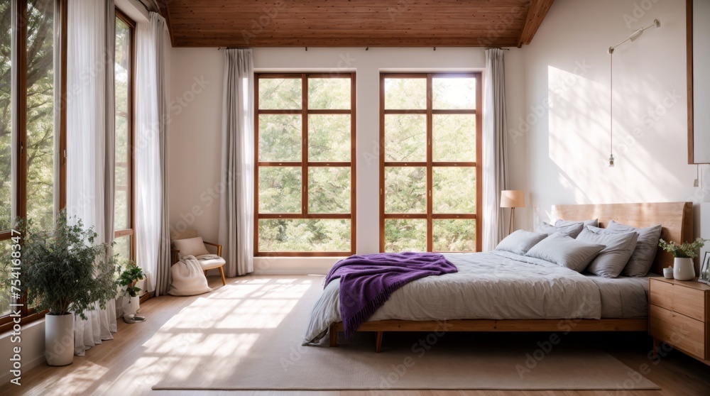 Calm bedroom with expansive windows allowing a serene green tree view Calm bedroom with expansive windows allowing a serene green tree view