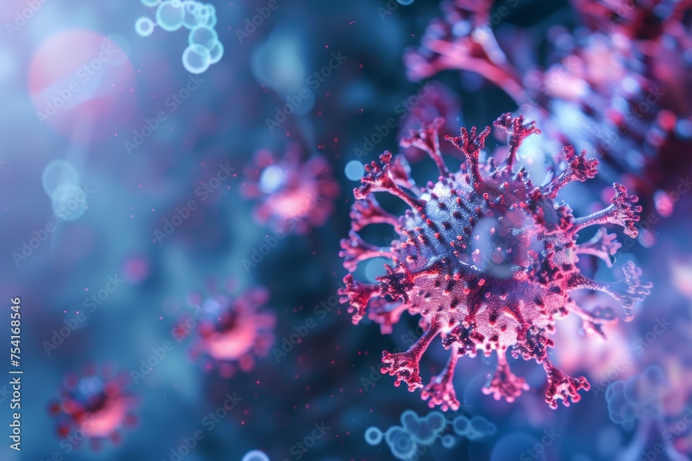 Close-up of a virus particle with smaller particles around it. Close-up of a virus particle with smaller particles around it.