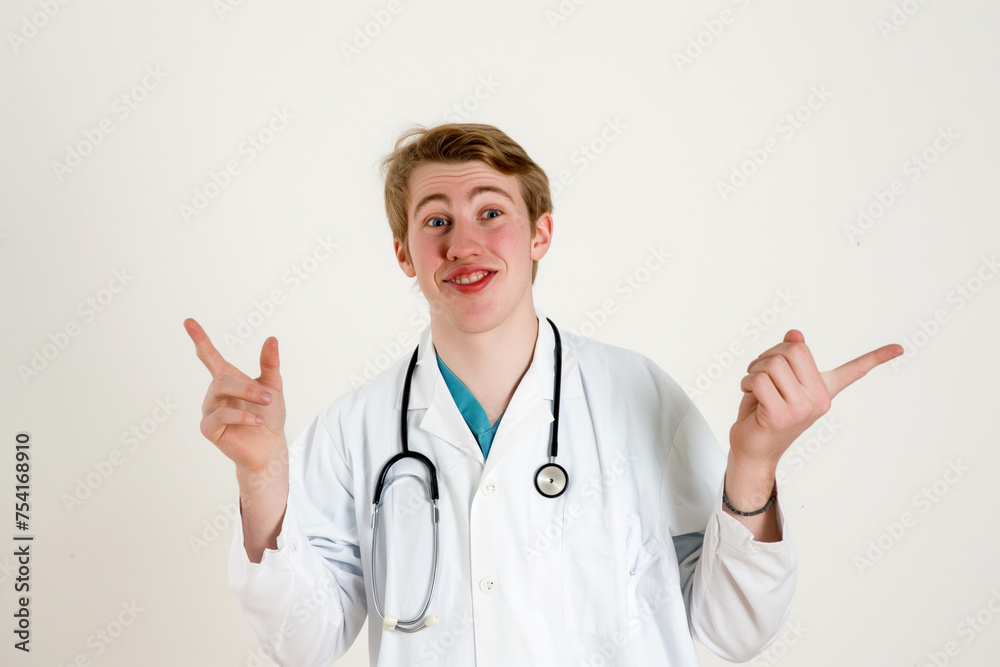 Enthusiastic young male doctor pointing in different directions Enthusiastic young male doctor pointing in different directions