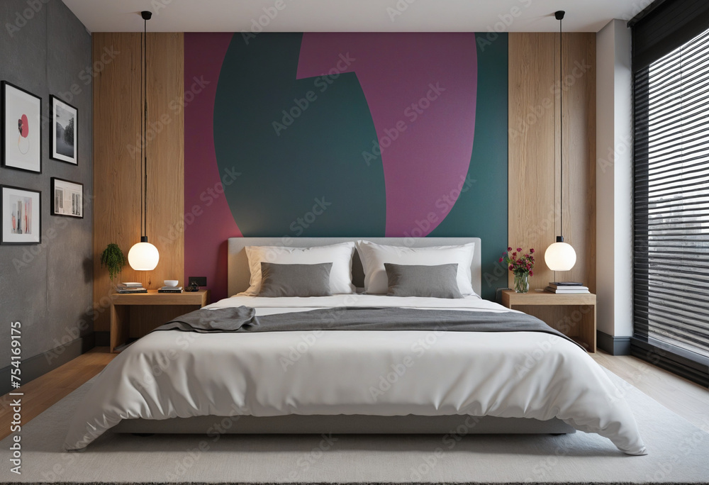 Illustration of modern minimalistic bedroom with colourful decoration on the wall