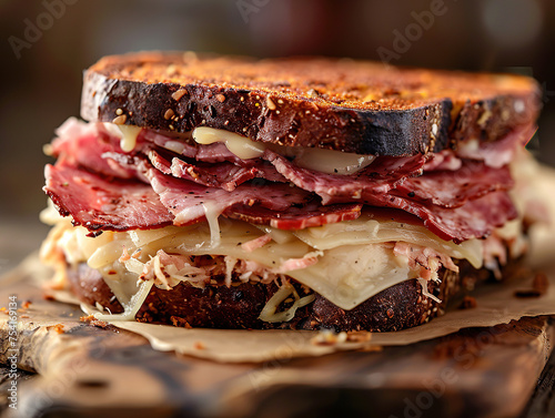 Delicious Reuben sandwich photography, explosion flavors, studio lighting, studio background, well-lit, vibrant colors, sharp-focus, high-quality, artistic, unique, award-winning photograph