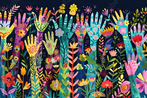 Illustration of colorful hands raised up with floral patterns.