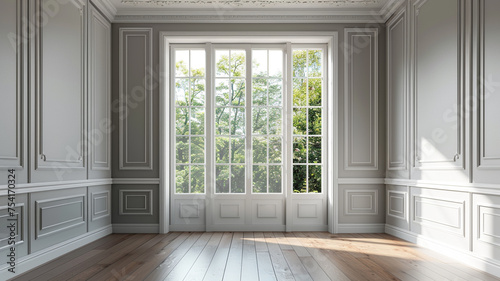 classical empty room with wooden floors and white window framing a nature view