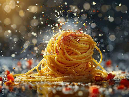 Delicious spaghetti photography, explosion flavors, studio lighting, studio background, well-lit, vibrant colors, sharp-focus, high-quality, artistic, unique