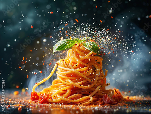 Delicious spaghetti photography, explosion flavors, studio lighting, studio background, well-lit, vibrant colors, sharp-focus, high-quality, artistic, unique
