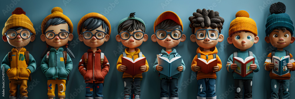 A 3D animated cartoon render of a diverse group of book club kids standing together.