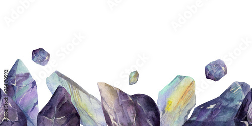 Hand drawn watercolor illustration precious jewel gem crystal chakra birth stone. Amethyst aquamarine moonstone. Seamless border isolated on white background. Design print  shop  jewelry  fashion