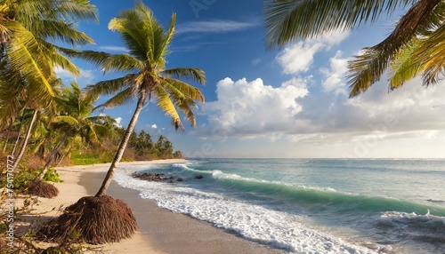  Plage tropicale de sable blanc avec des cocotiers sans personne.