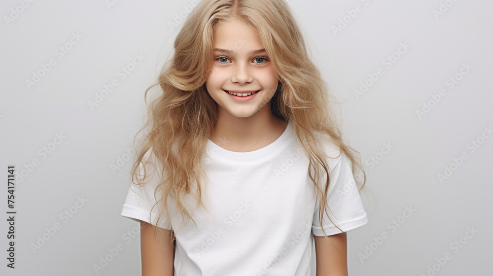 Smiling teenage girl in a white T-shirt on a white background mockup. Childhood lifestyle concept. Mockup copy space. Scandinavian girl model