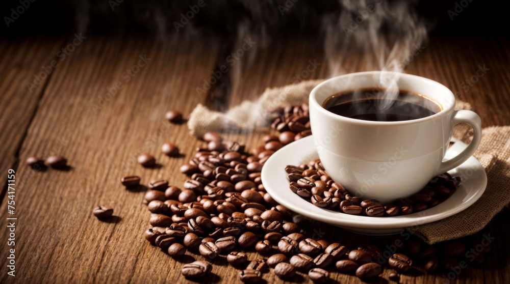 Cozy ambiance with coffee cup and scattered roasted beans nearby Cozy ambiance with coffee cup and scattered roasted beans nearby
