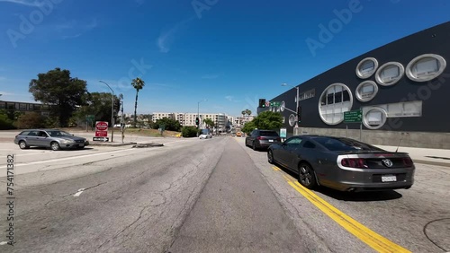 Los Angeles Downtown Grand Ave Southbound 01 Rear View at Cesar Chavez Ave Driving Plate California USA Ultra Wide photo
