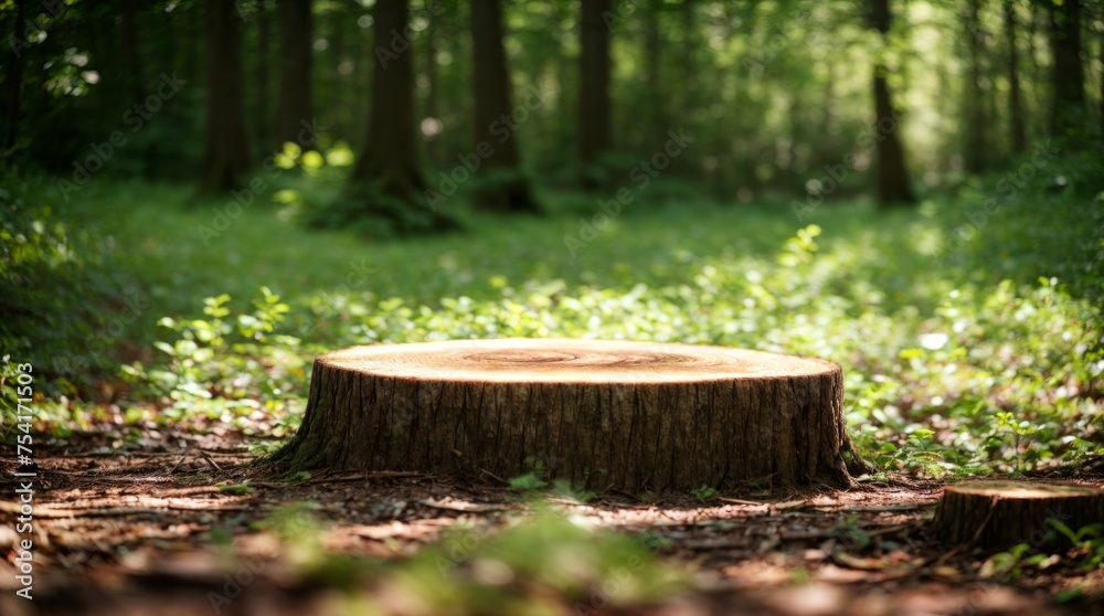 Dappled Sunlight on Tree Stump in Verdant Forest Setting Dappled Sunlight on Tree Stump in Verdant Forest Setting