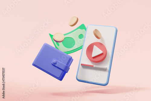 Fototapeta Naklejka Na Ścianę i Meble -  3D rendered illustration of social media and movie concept including payment and earning online video with mobile phone with wallet and coins and banknotes. For business, investment, transactions