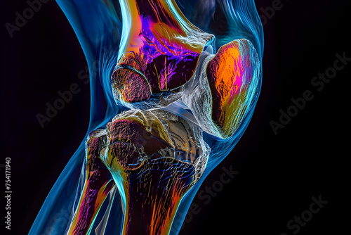 Illustration creative MRI scan of the human knee from a frontal perspective, focusing on the patella, articular cartilage, and the synovial fluid within the joint capsule. photo