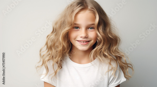 Smiling teenage girl in a white T-shirt on a white background mockup. Childhood lifestyle concept. Mockup  copy  space. Scandinavian girl model