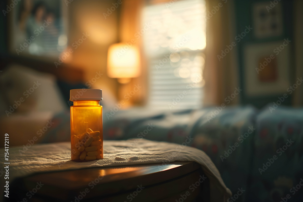 A pill bottle of antidepressants standing at the edge of a bedside table, with a blurred photograph of loved ones in the background. - obrazy, fototapety, plakaty 