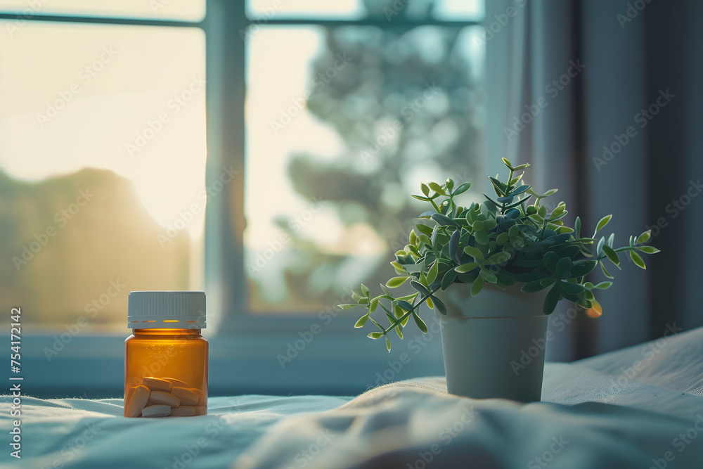 A pill bottle of antidepressants standing at the edge of a bedside table, with a blurred photograph of loved ones in the background. A pill bottle of antidepressants standing at the edge of a bedside table, with a blurred photograph of loved ones in the background.