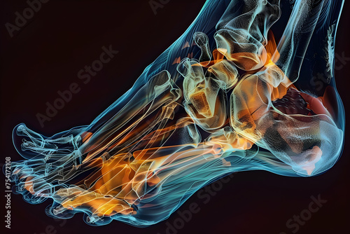 Illustration of MRI scan of the human foot from a sagittal perspective, focusing on the internal structures such as the Achilles tendon, heel pad, and the relationship between the tarsal bone. photo