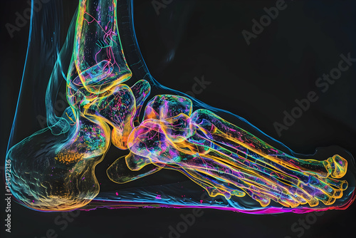 Illustration of MRI scan of the human foot from a sagittal perspective, focusing on the internal structures such as the Achilles tendon, heel pad, and the relationship between the tarsal bone. photo