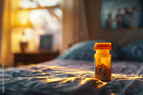 A pill bottle of antidepressants standing at the edge of a bedside table, with a blurred photograph of loved ones in the background. photo