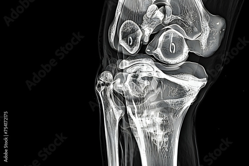 MRI image of a sagittal view of the human knee, showing the femur, tibia, fibula, and the spaces between them where the menisci and cruciate ligaments are located. photo