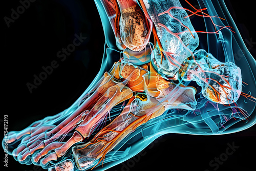 Creative MRI image showing a cross-sectional view of the sole of a human foot, detailing the complex layers of muscles, tendons, and bone. photo