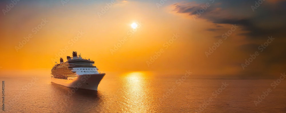 Panoramique d'un navire de croisière en navigation sur la mer au coucher de soleil.