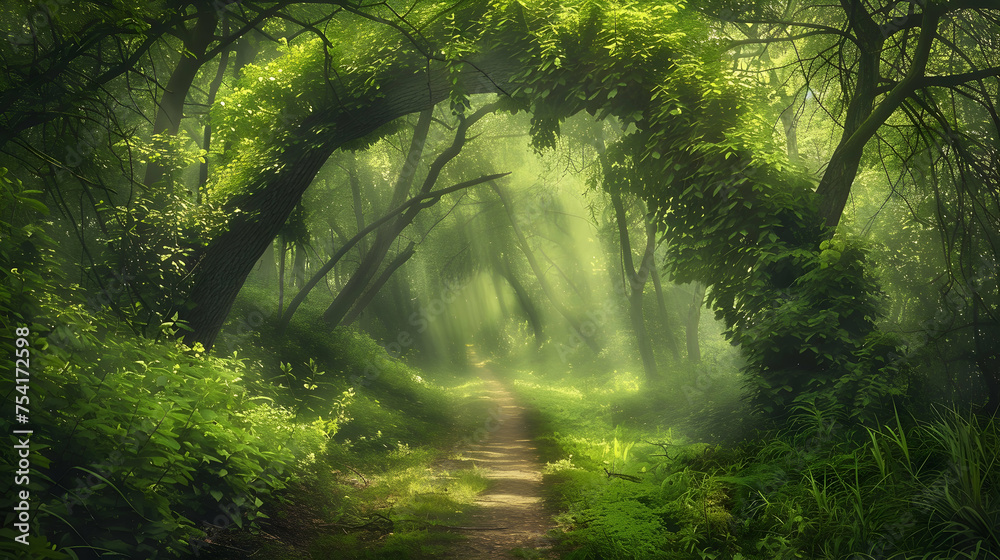 Obraz premium A serene forest path winding through a dense, green woodland, inviting exploration and adventure.Earth day. Save Planet. Green jungle.