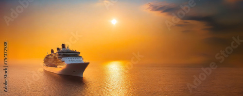 Panoramique d'un navire de croisière en navigation sur la mer au coucher de soleil.