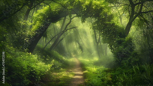 A serene forest path winding through a dense, green woodland, inviting exploration and adventure.Earth day. Save Planet. Green jungle. © Wanlaya