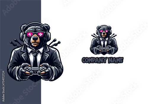 a bear wearing sunglasses and a tie holding a controller