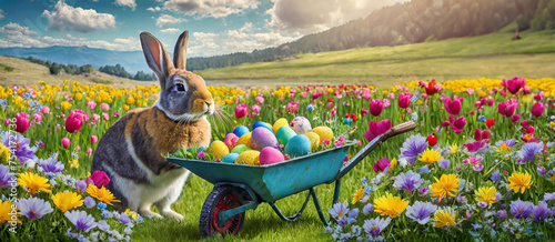 Lapin dans un champs avec des fleurs et avec des œufs de Pâques décorés dans une brouette. photo