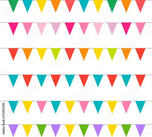 Triangular flag garland. Vector isolated illustration on white background. Bunting flag. Birthday und Party design